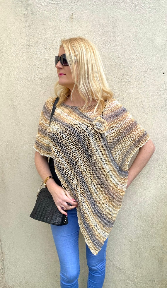 Knitted Beige Poncho for Women With Flower Spring Cover Dress, Women's  Poncho, White Wrap for Summer, Boho Chic Poncho Hippy Shawl - Etsy