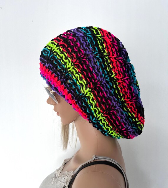 Buy Black Rainbow Slouch Beanie, Dread Oversized Womens Hat Unique