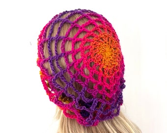 Beret Hippy spider web mesh beanie, Unique designer womens teens crochet knit, dread tam beret, hat gift rainbow boho festival summer spring