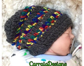 Baby boy 0-8yrs crocheted,knitted hippie hippy,boho,slouch or fitted beanie,dark grey rainbow,unique designer,kids newborn hats, shower gift