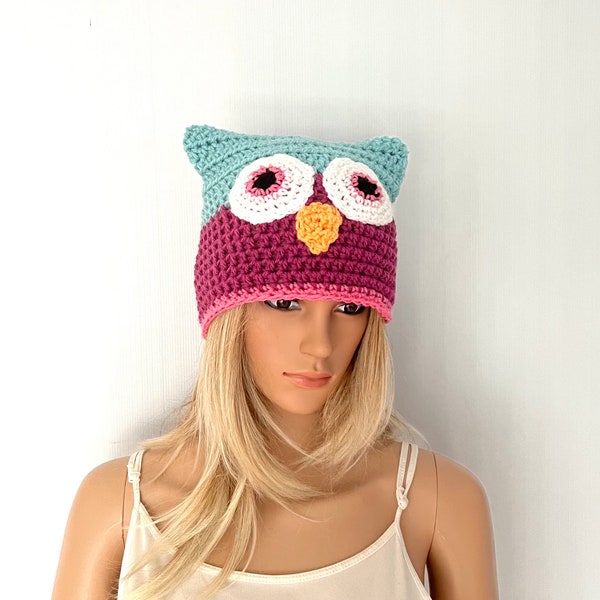 Crochet Owl hat, handmade crochet beanie, aran hat chunky irish lace holiday gift winter hat animal, novelty fun hat for women kids ears