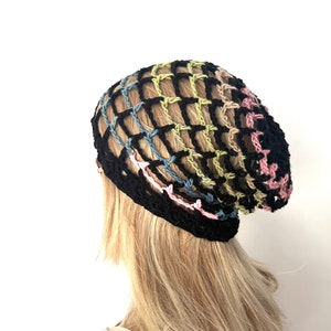 Slouch beanie, mesh beanie hat open stitch Womens teens handmade crochet knit dread tam unique sale hippie designer rainbow rasta lace irish