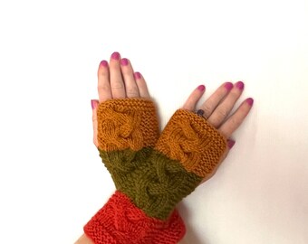 Hand knitted cabled fingerless mittens autumn fall Womens teens knit gloves hand wrist arm warmers winter handmade sale ooak irish