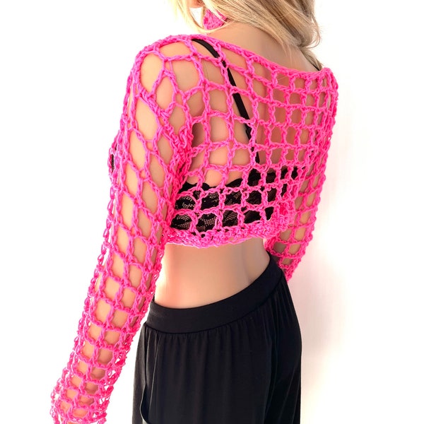 Cropped mesh long sleeved sweater fuchsia pink crochet knit women, spring cover up dress, poncho for summer boho beach Irish Y2K fishnets