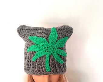 Cat ear Weed hat , pussy hat grey rasta , cannabis leaf beanie , women teen hashish gift unique designer Irish wool , hippy boho weed ears