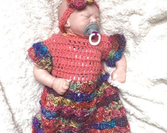 0-3 months Baby girl crocheted,knitted rainbow hippie flower power dress,gypsy set, peach,unique designer,kids baby girl newborn ooa