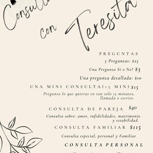Puede incluir: Un folleto informativo beige titulado Consultate con Teresita con texto negro e ilustraciones de brujas pequeñas. El documento enumera varios servicios de consulta, incluyendo 5 preguntas, preguntas de sí o no, preguntas detalladas y sesiones por hora.