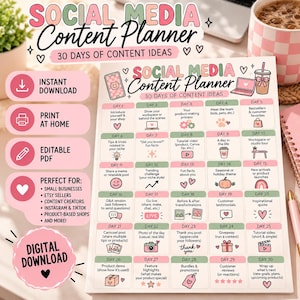 May include: A social media content planner sheet featuring 30 days of content ideas in a grid format. The document includes pastel pink and green headers, icons for each day, and text prompts for daily posts, all presented on a white background.