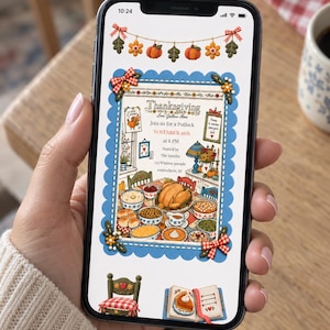 May include: A smartphone screen displaying a digital Thanksgiving potluck invitation. The design features a blue scalloped border, autumn-themed bunting, and a central illustration of a dinner table with a turkey and various side dishes.