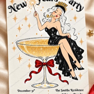 Whimsical New Year's Eve Invitation, Champagne Cocktail Party, Editable Canva Template (Digital Invite)