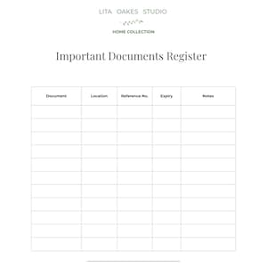 May include: A white document template titled Important Documents Register by Lita Oakes Studio Home Collection. The page features a table with columns for Document, Location, Reference No., Expiry, and Notes, with ten blank rows for entries.