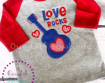 Valentine's Day Shirt - Boy's Valentines Day Shirt-  Hearts -Guitar - Love ROCKS - Raglan - Personalized Shirt - Boys Heart Shirt -Valentine