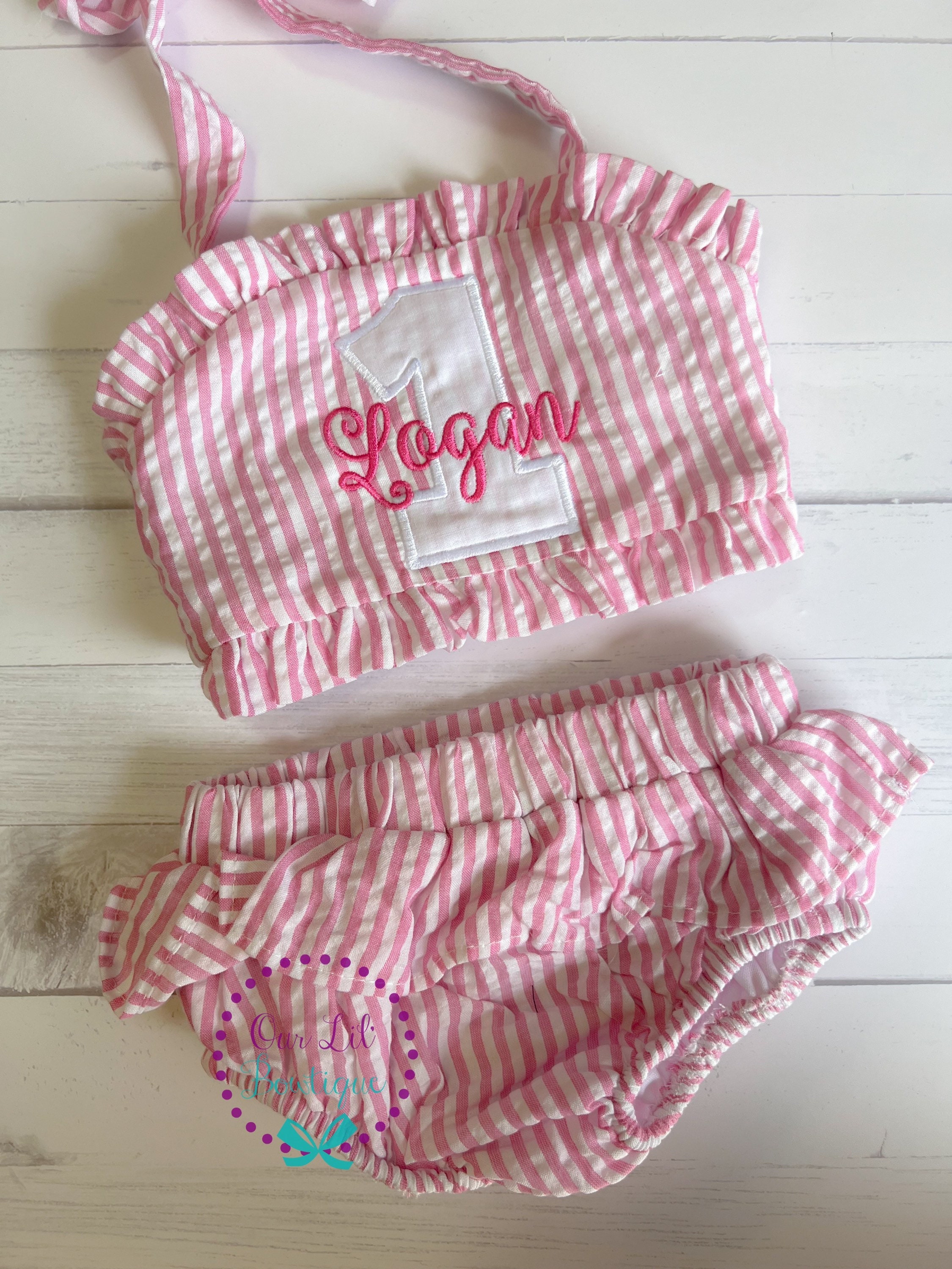 Birthday Bathing Suit - Monogrammed Seersucker Bathing Suit - Bathing Suit - Baby - Toddler - Birthday Day Number Bathing Suit  - Gingham