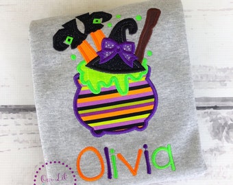 Embroidered Halloween Witch Cauldron Shirt - Personalized Girls Outfit