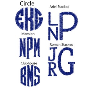 Puede incluir: Una colecci&oacute;n de dise&ntilde;os de monogramas bordados en azul oscuro con varios estilos de fuente etiquetados como Circle, Ariel Stacked, Mansion, Roman Stacked y Clubhouse. Cada monograma muestra arreglos de letras y patrones de costura &uacute;nicos en hilo azul.