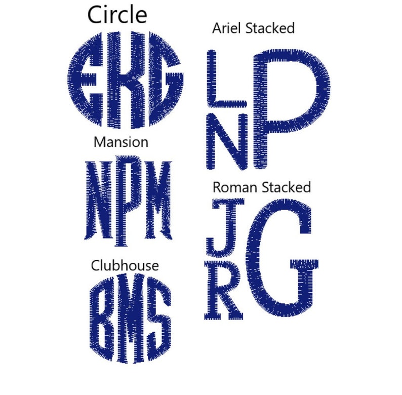 Puede incluir: Una colecci&oacute;n de dise&ntilde;os de monogramas bordados en azul oscuro con varios estilos de fuente etiquetados como Circle, Ariel Stacked, Mansion, Roman Stacked y Clubhouse. Cada monograma muestra arreglos de letras y patrones de costura &uacute;nicos en hilo azul.