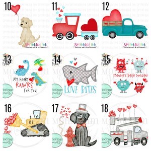 Puede incluir: Una colecci&oacute;n de arte digital con ilustraciones tem&aacute;ticas de San Valent&iacute;n. Incluye un perro con un globo de coraz&oacute;n, un tren con carga en forma de coraz&oacute;n, una camioneta aguamarina con un coraz&oacute;n, dinosaurios, un tibur&oacute;n, monstruos, un veh&iacute;culo de construcci&oacute;n, un perro con sombrero de copa y un cami&oacute;n con corazones.