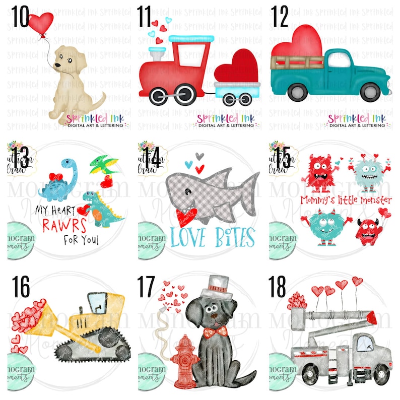 Puede incluir: Una colecci&oacute;n de arte digital con ilustraciones tem&aacute;ticas de San Valent&iacute;n. Incluye un perro con un globo de coraz&oacute;n, un tren con carga en forma de coraz&oacute;n, una camioneta aguamarina con un coraz&oacute;n, dinosaurios, un tibur&oacute;n, monstruos, un veh&iacute;culo de construcci&oacute;n, un perro con sombrero de copa y un cami&oacute;n con corazones.