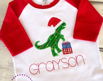 Christmas Dinosaur - Boy's Dinosaur- Christmas Shirt - Personalized Shirt - Santa Dinosaur