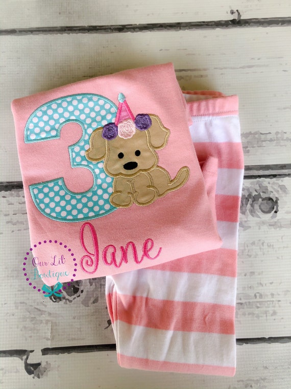 Dog Birthday Pajamas - Puppy Birthday PJs - Puppy Birthday - Personalized Birthday Shirt - Puppy Applique - Kids Pajamas - Flower Il_570xn