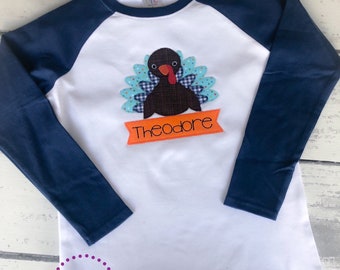 Boys Thanksgiving Shirt: Vintage Turkey Applique, Raggy Stitch