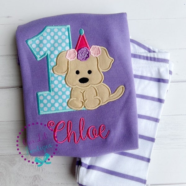 Floral Dog Birthday Shirt- Puppy Birthday Shirt - Puppy Birthday - Personalized Birthday Shirt - Puppy Applique - Kids Puppy Birthday