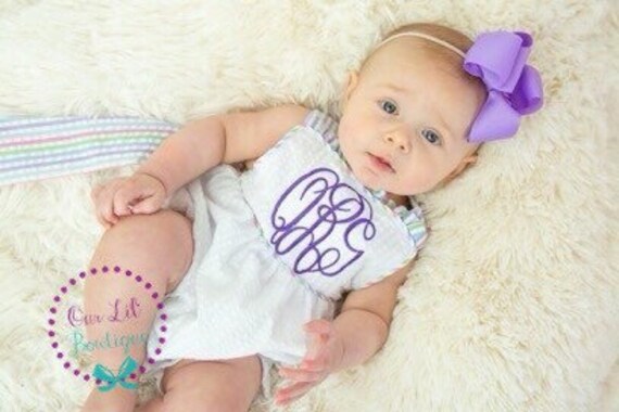 Seersucker Monogrammed Sunsuit - Girls Monogrammed Sunsuit - Summer Outfit - Personalized Infant Sunsuit - Baby Monogram Outfit Il_570xn