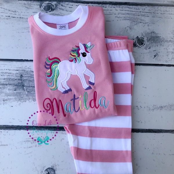 Unicorn Pajamas - Unicorn PJs - Unicorn Birthday - Personalized Birthday Shirt - Unicorn Applique - Personalized Unicorn - Kids Pajamas