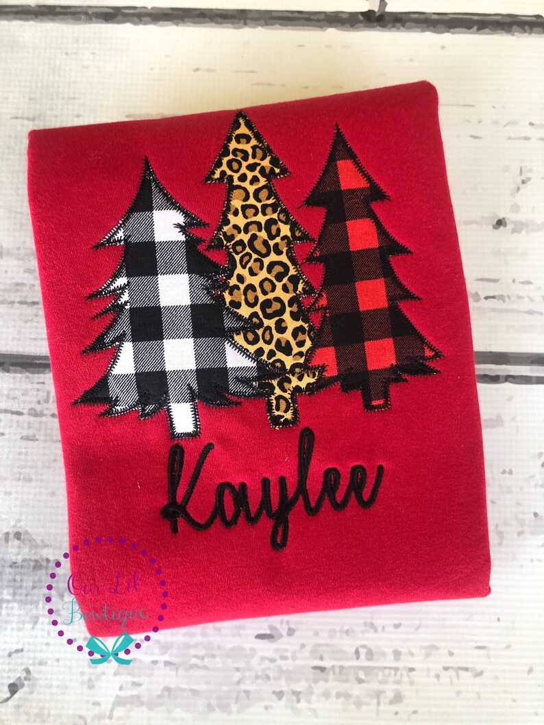 Girls Christmas Tree Shirt Buffalo Plaid Tree Cheetah Print Tree Christmas Tree Trio Girls Christmas Shirt Christmas Tree image 1