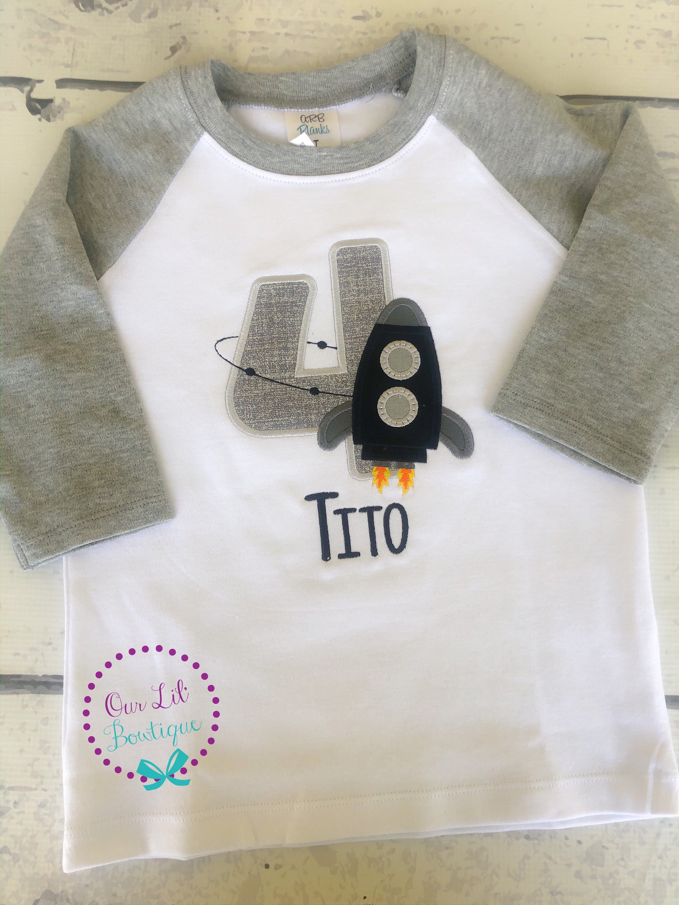 Embroidered glitter birthday childrens t shirt with the name of your choice personalised-space rocket