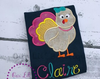 Girls Thanksgiving Shirt: Applique Turkey, Personalized