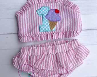 Ice Cream Bathing Suit - Monogrammed Seersucker Bathing Suit - Bathing Suit - Birthday Bathing Suit  - Gingham