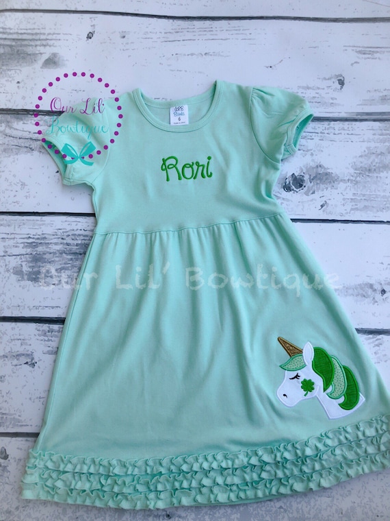 Unicorn Shamrock - Four Leaf Clover Dress - Girls St. Patricks Day Dress - St. Patricks Day Applique Dress - Shamrock Dress-Monogram-Unicorn Il_570xn