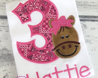 Personalized Horse Birthday Shirt: Pink Bandana Pony Applique