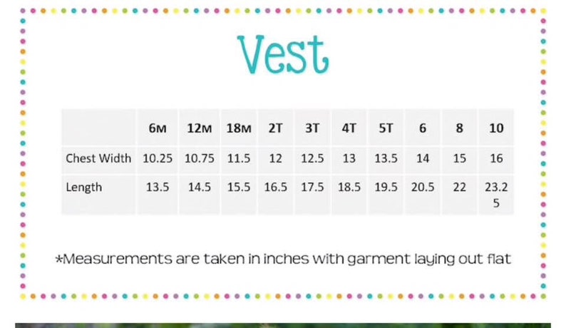 May include: A chart with measurements for a vest, including chest width and length in inches. Sizes range from 6 months to size 10. The word "Vest" is written in teal script at the top of the chart.
