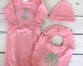 New Baby Gift Set - Personalized Gown, Hat and Burp Cloth, Newborn Gown, Going Home Outfit, Baby Shower Gift - Pink and Mint - Girl Il_170x135
