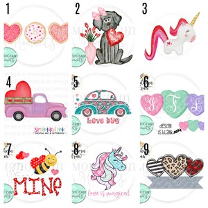 Puede incluir: Una colecci&oacute;n de arte digital con tem&aacute;tica de San Valent&iacute;n que presenta galletas, un perro con un coraz&oacute;n, un unicornio, una camioneta con un coraz&oacute;n, un coche con el texto "Love bug", corazones con monogramas, una abeja con el texto "Mine", un unicornio con el texto "Love is magical" y dise&ntilde;os de corazones.