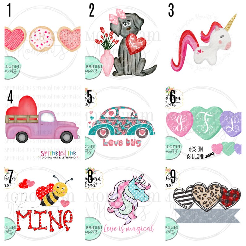 Puede incluir: Una colecci&oacute;n de arte digital con tem&aacute;tica de San Valent&iacute;n que presenta galletas, un perro con un coraz&oacute;n, un unicornio, una camioneta con un coraz&oacute;n, un coche con el texto "Love bug", corazones con monogramas, una abeja con el texto "Mine", un unicornio con el texto "Love is magical" y dise&ntilde;os de corazones.