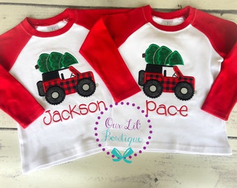 Personalized Christmas Truck Shirt: Boys Raglan Tee with Tree Applique