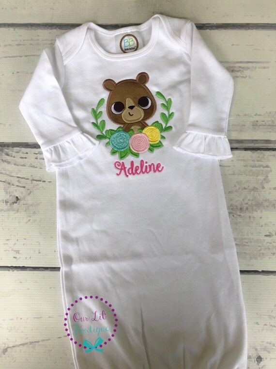 Woodland Coming Home Outfit - New Baby Gift Set - Personalized Gown and Hat - Newborn Gown, Going Home Outfit, Baby Shower Gift - Flowers Il_570xn