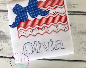 Embroidered Flag Shirt: Girls 4th of July Patriotic Bow Tee