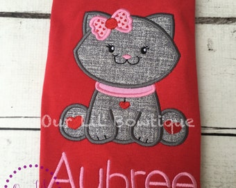 Valentine's Cat Shirt - Personalized Valentine Shirt - Girls Valentine Shirt - Valentine Kitty - Cat Applique Shirt - Kitty