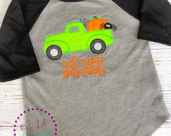 Halloween Truck Shirt - Personalized Halloween Shirt - Boy Halloween Shirt - Monogram Truck - Ghost Truck - Raglan