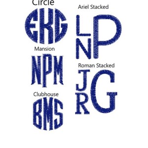 May include: A white background displays several monogram designs in navy blue. The designs include Circle, Mansion, Clubhouse, Ariel Stacked, and Roman Stacked styles. Each style features a different set of initials.