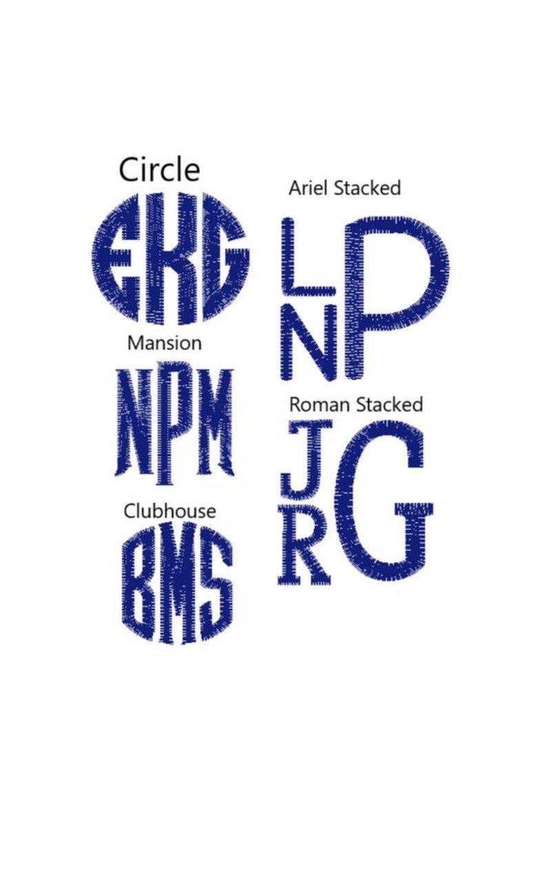 May include: A white background displays several monogram designs in navy blue. The designs include Circle, Mansion, Clubhouse, Ariel Stacked, and Roman Stacked styles. Each style features a different set of initials.