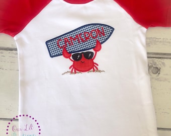 Personalized Crab Applique Shirt - Summer Surfboard - Boy Raglan