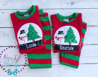 PRE-ORDER - Snow Globes- Christmas PJs- Snowman Pajamas- Personalized Christmas PJs - Christmas Shirt - Matching Christmas Pajamas - Tree