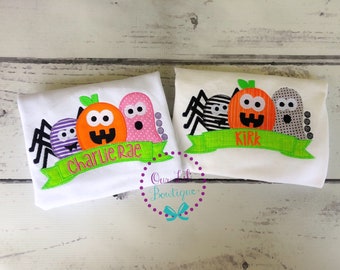 Halloween Shirt - Halloween Trio - Pumpkin - Spider - Ghost  - Personalized Halloween Shirt - Girls Halloween Shirt - Boys Halloween Shirt