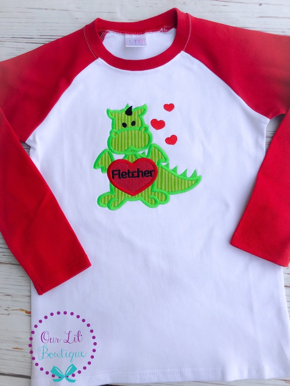 Valentine's Dragon Shirt - Personalized Valentine Shirt - Boys Valentine Shirt - Raglan- Boy Dragon -Applique - Dragon Applique -Personalize Il_570xn