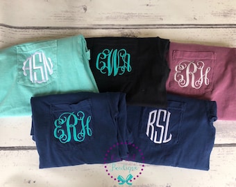 Short Sleeve Comfort Colors Monogram Pocket Tee - Short Sleeve T-Shirt -Comfort Colors - Monogram Pocket T-shirt - Monogram Pocket T-Shirt